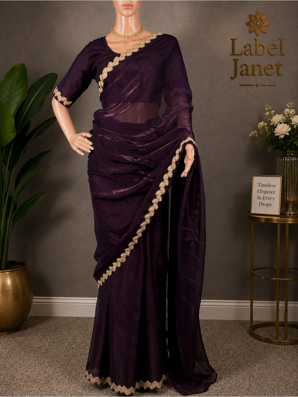 Sheer Plum  space silk Saree with Gold Trim with stitched blouse (Brand New)